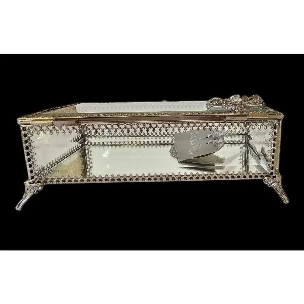 Nicole Miller Ornate Glass Jewelry Box with Crystal Jeweled Embellishment, NWT